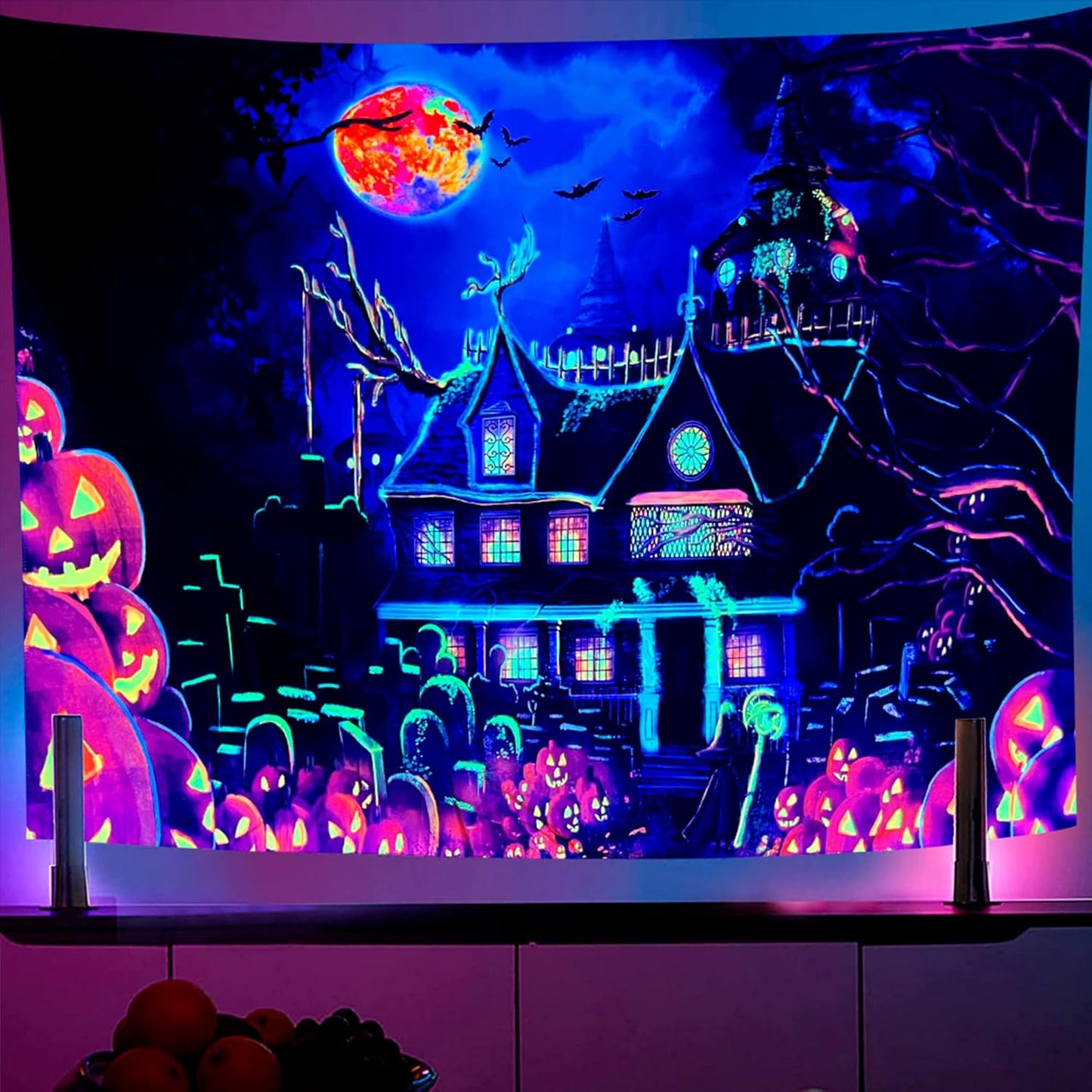 OSVINO Blacklight Halloween Castle Tapestry 79"x59" Pumpkins Bats Crosses Backdrop Bedroom Aesthetic Hippie Room Decor Glow in The Dark Wall Poster for Halloween Easter