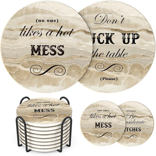 White Elephant Gifts for Adults, Funny Coasters Set of 8, Funny Gag Gifts for Adults, Christmas House Warming Gift New Home, Marble Style Absorbent Drink Coasters with Cork Base, Home Decor, 4 inches
