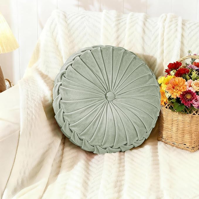 ROSE&RISY Round Pleated Velvet Throw Pillows, 2 Pack Decorative Accent Pumpkin Pillows Cushion for Couch Sofa Bed, Soft Plush Retro Vanity Throw Pillows for Home Decor, 14.5 Inch, Sage Green
