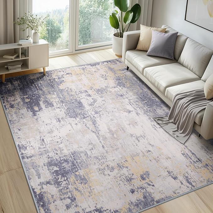RELEANY Washable Area Rugs 8'x10' Non-Slip Modern Abstract Soft for Living Room Entryway Bedroom Nursery, Print Pattern, Purple Grey Cream Yellow