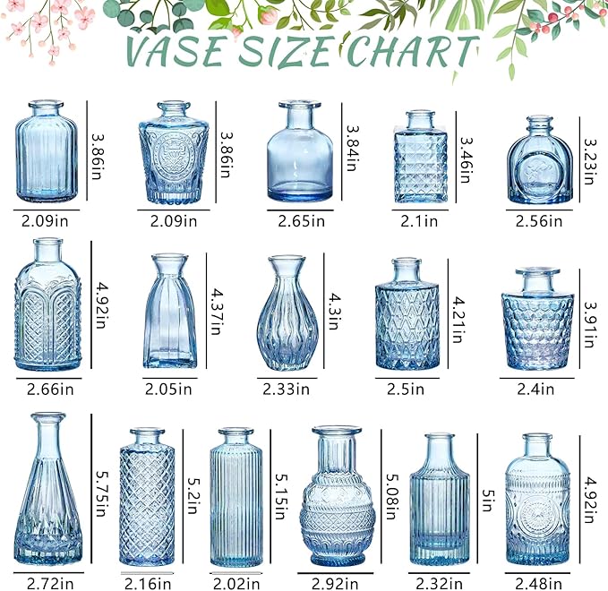 SUPMIND 16pcs Glass Bud Vase Set, Small Blue Flower Vases for Centerpieces in Bulk, Mini Vintage Vase for Wedding, Home Decor, Table Decoration