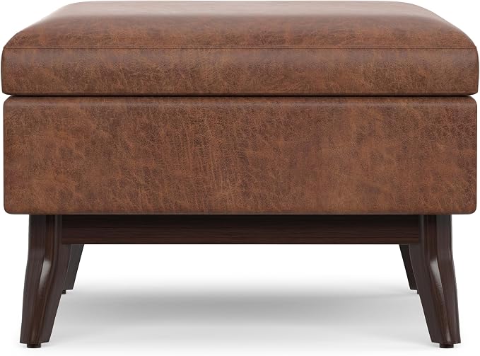 SIMPLIHOME Owen Coffee Table Storage Ottoman - 34" Wide x 19" High Upholstered Vegan Leather Rectangular Lift-Top Ottoman in Distressed Saddle Brown, Mid-Century Modern Bench with Tapered Legs