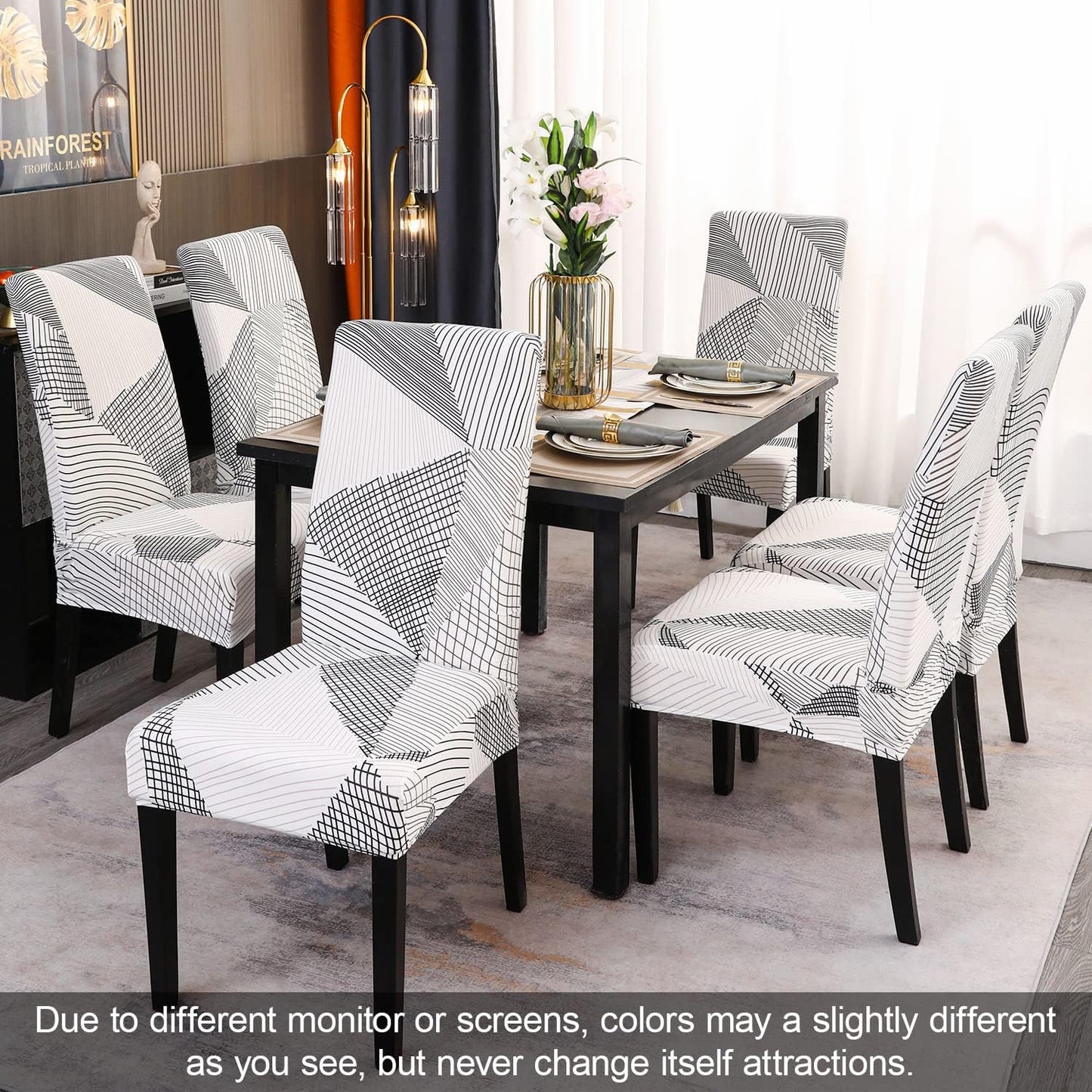 JQinHome White Chair Covers for Dining Room Set of 4, High Stretch Removable Washable Parsons Chair Slipcover for Home Party Hotel Wedding Ceremony (4PCS, Geometric)