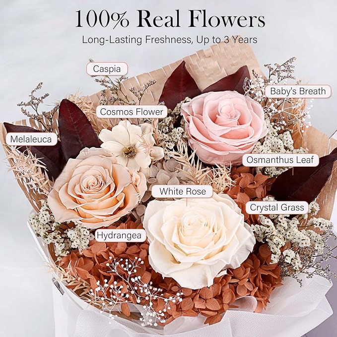 Preserved Bouquet of Flowers - Forever Flowers for Delivery, Real Eternal Roses, Mothers Day Gifts for Mom Grandma Wife, Anniversary Birthday Gifts for Women, Champagne