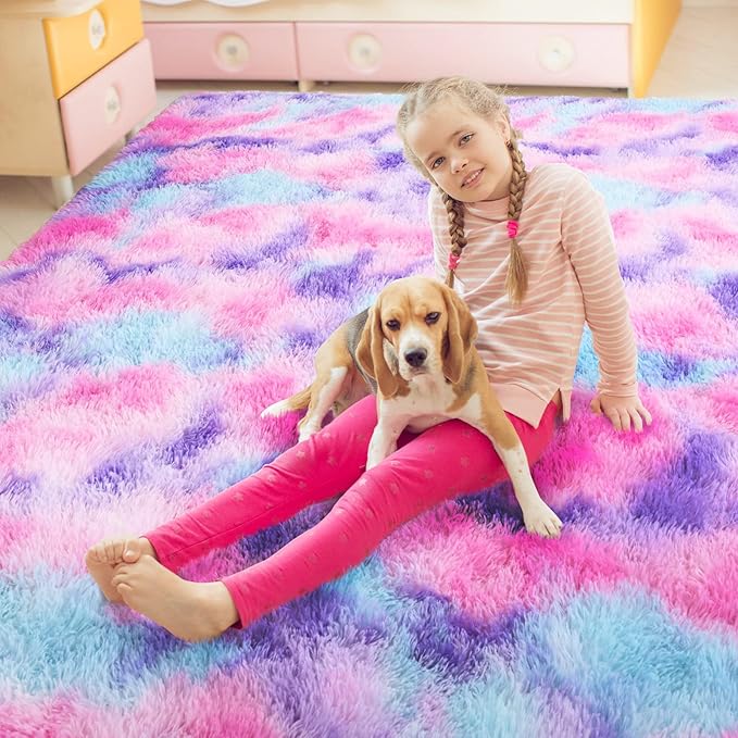 AROGAN Soft Rainbow Area Rugs for Girls Room 4x6 Feet, Fluffy Bedroom Rugs, Princess Rug, Cute Colorful Carpet for Kids Teens Nursery Toddler, Hot Pink