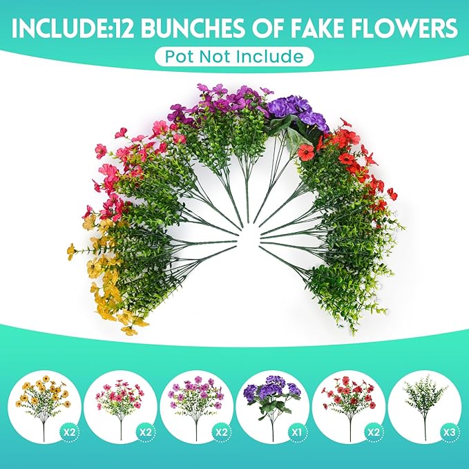 Hrobek Artificial Flowers for Outdoors Faux Plants Outside Indoor,Realistic UV Resistant Silk Fake Geranium Daisy for Home Patio Garden Back Yard Front Porch Decor Spring Summer(12 Bunches)