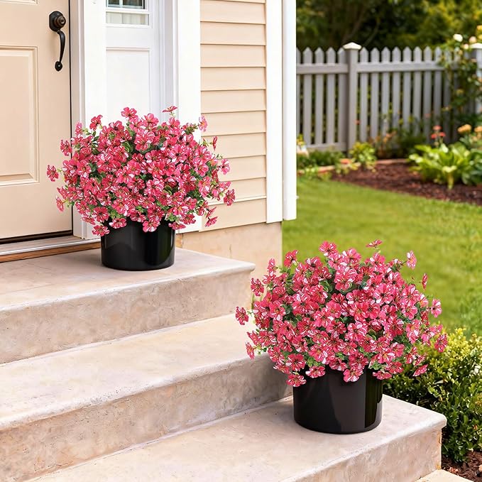 Artificial Morning Glory & Eucalyptus Topiary Trees - Set of 2 Faux Silk Flower Potted Plants, UV-Resistant Fake Outdoor Morning Glory Bushes for Front Door, Yard, Farmhouse, Garden Decor (Rose Red)