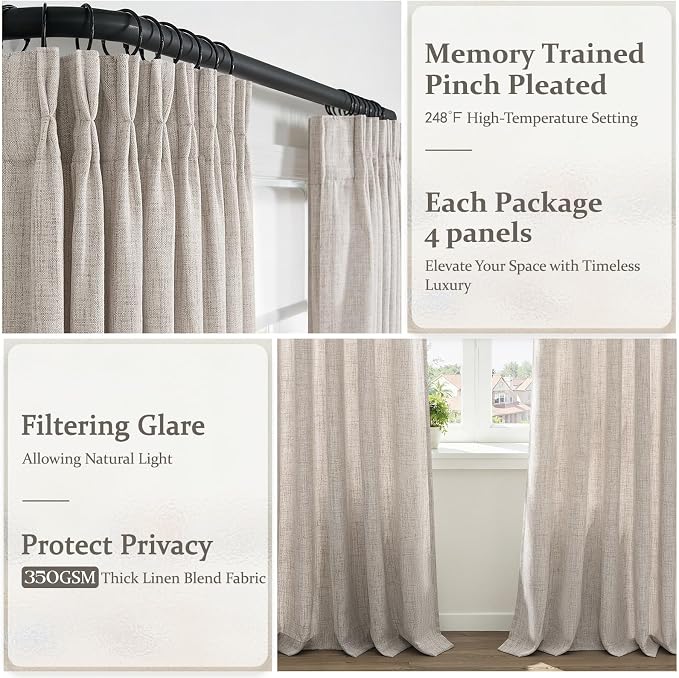 Pinch Pleated Semi Sheer Curtains 96 Inches Long for Living Room 4 Panels Set, Greyish Brown Memory Shape Thick Linen Light Filtering Curtain Country Sliding Door Window Drapes with Back Tab 40"Wx96"L