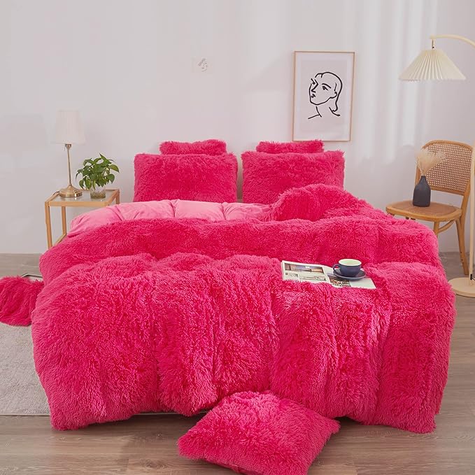 XeGe Plush Shaggy Duvet Cover Set, Luxury Ultra Soft Fluffy Faux Fur Bedding Sets 3 Pieces Velvet(1 Fuzzy Furry Comforter Cover + 2 Faux Fur Pillow Cases), Zipper Closure (Queen, Hot Pink)