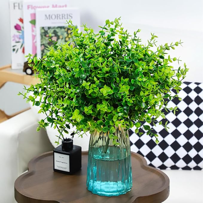 24 Bundles Greenery Artificial Plants Outdoors, Eucalyptus Stems UV Resistant Fake Foliage Plants Faux Boxwood Shrubs Indoor Decorations Artificial Flowers for Garden Pot Porch Fence Hanging Planter