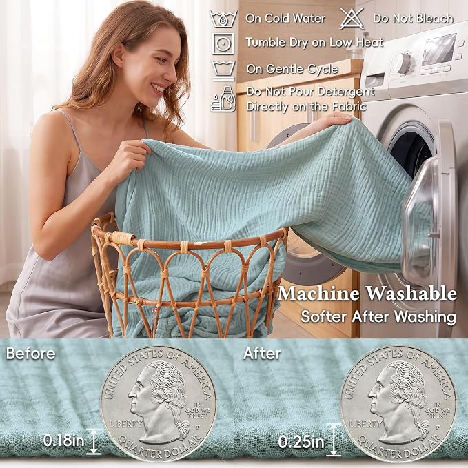David's Home Soft Muslin Blanket Twin Size for Adults, 60% Rayon 40% Cotton, Breathable Lightweight Cooling Blanket for Hot Sleepers, 4-Layer Cozy Gauze for Bed, 66"x90", Teal Blue