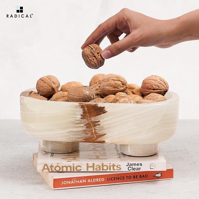 Radicaln Marble Oval Bowl With Stand 10" Inches White Onyx Handmade Fruit Bowl For Kitchen Counter, Ideal Serving Bowl, Candy and Candle Dish & Banana Holder For Kitchen Table