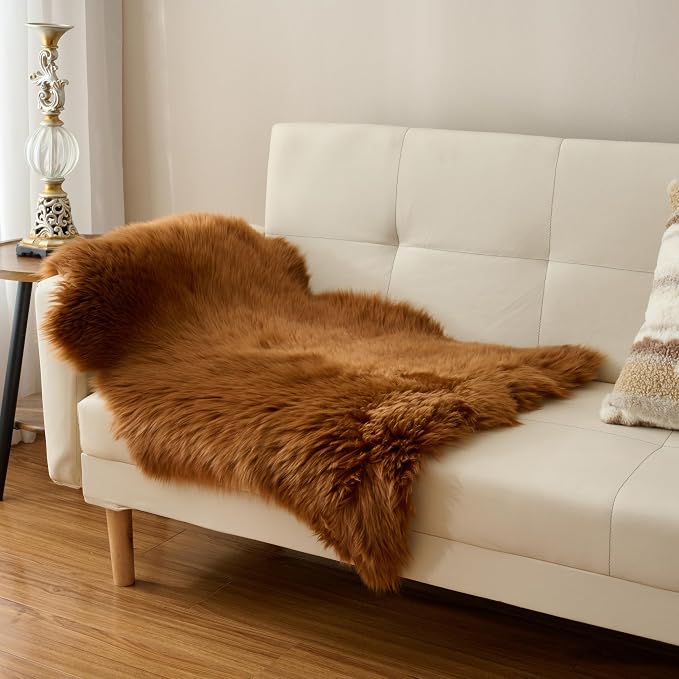 Premium Genuine Sheepskin Area Ruge - Real Wool Fur Shaggy Carpet | Fluffy Soft Natural Lambskin Rug Seat Chair Covers for Couch Sofa Bedroom Living Room(Brown,2×3 Feet Sheepskin)