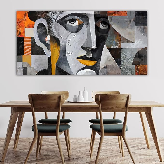 YDYSUNE Extra Large Abstract Wall Art, Geometric Male Portrait Cubism Painting, Grey Face Art Canvas Decor for Living Room & Office, Framed Ready to Hang 29×58 Inch