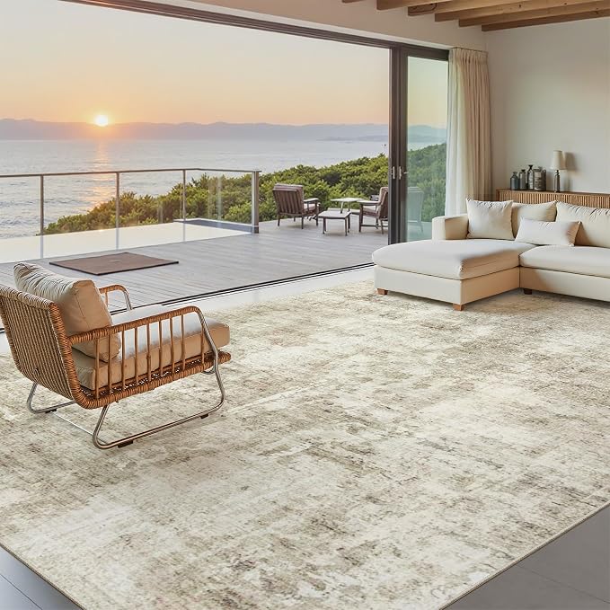 Soalmost 7x10 Area Rug for Living Room Washable Abstract Vintage Soft Thin Indoor Floor Non-Slip Carpet for Bedroom Dining Room Beige Gray