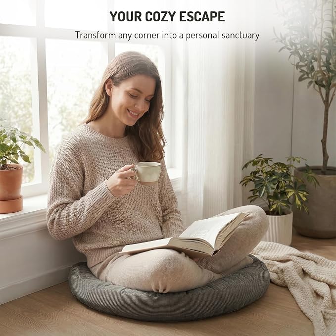 Meditation Floor Pillow Set of 2, Round Large Pillows Seating for Adults, Tufted Corduroy Cushion for Tatami Living Room, Grey, 22 Inch