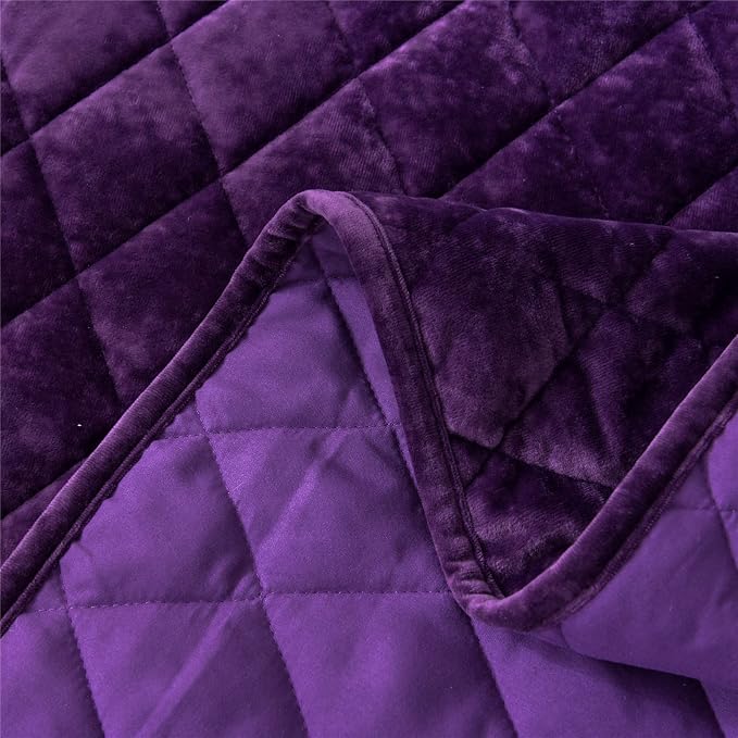 Fredsure Distressed Velvet Quilt Set, 3 Pieces Purple Queen, Distressed Velvet Face and Brushed Microfiber Reverse, with Diamond Quilting