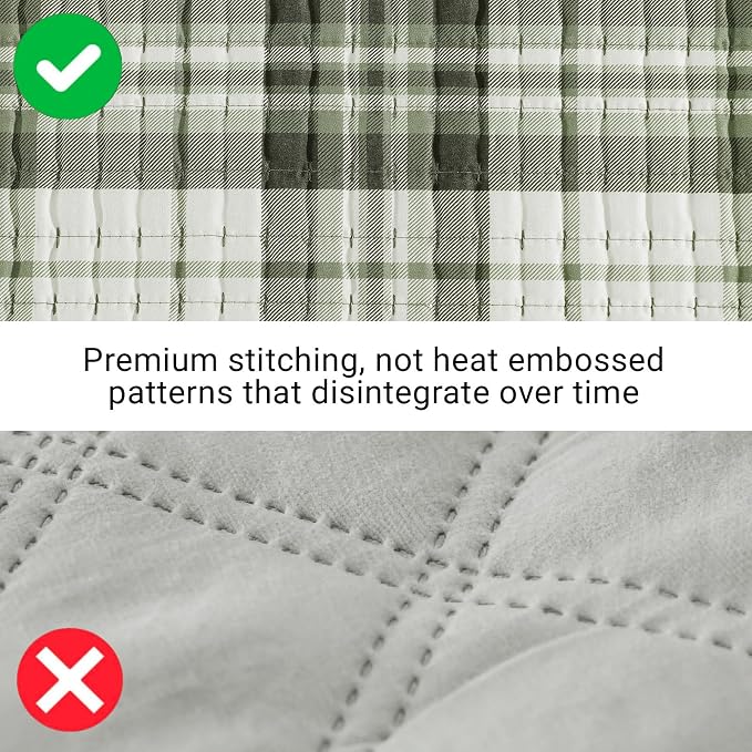 WRENSONGE Plaid Twin Quilt-2 Pieces Lightweight Bedspread Olive Green Quilt Twin Size Quilt Bedding Set for All Seasons, Soft Summer Reversible Neutral Coverlet with 1 Pillow Sham