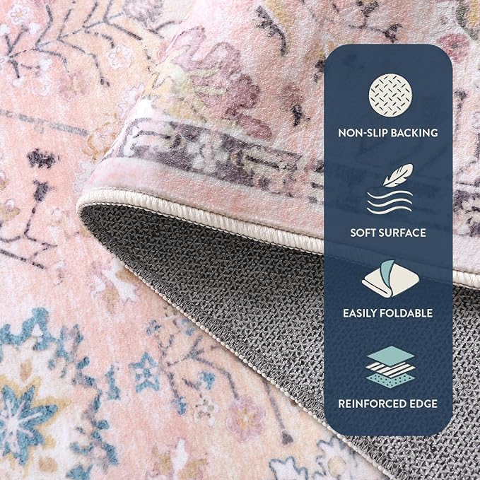 Lahome Girls Bedroom Pink Rug 3x5, Soft Washable Floral Area Rug with Non Slip Backing, Small Light Pink Carpet for Dorm Room, Nursery and Kids Room