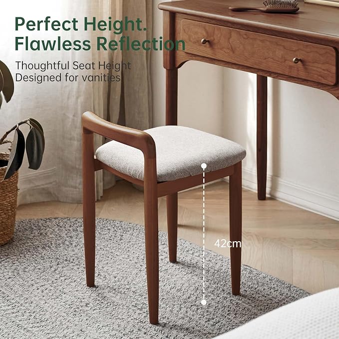 Vanity Stool Oak Wood Vanity Chair, Wooden Chair for Vanity with Upholstered Cushions for Living Room, Bedroom, Walnut