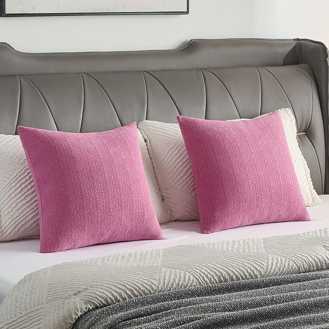 FUTEI Hot Pink Chenille Throw Pillow Covers 26x26 Inch Set of 2,Soft Striped & Diamond Textured Euro Pillow Shams,Modern Home Decor for Couch Living Room