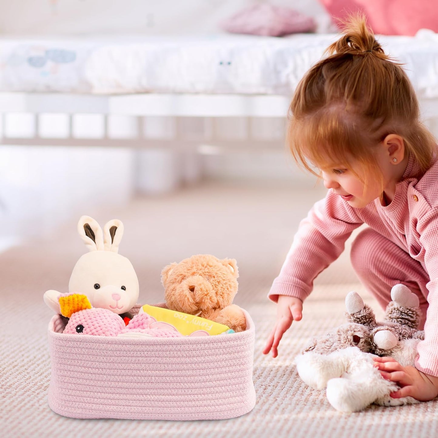 Small Woven Storage Baskets 12“X8”X5“ Decorative Rope Bins for Organizing Shelves, Closets, and Toys, Empty Gift Baskets, Cute Organizer Basket for Home and Office (pink, regular)