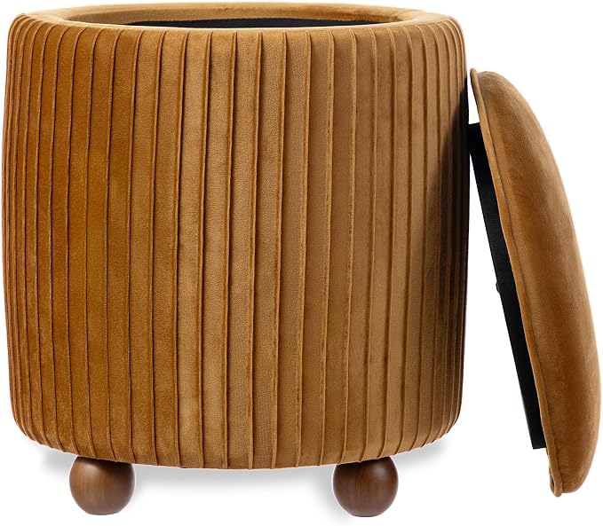 Glitzhome Round Ottoman with Storage Set of 2 Vanity Stool Foot Rest with Removable Lid Modern Upholstered Velvet Storage Ottoman Stool for Living Room and Dorm, Brown
