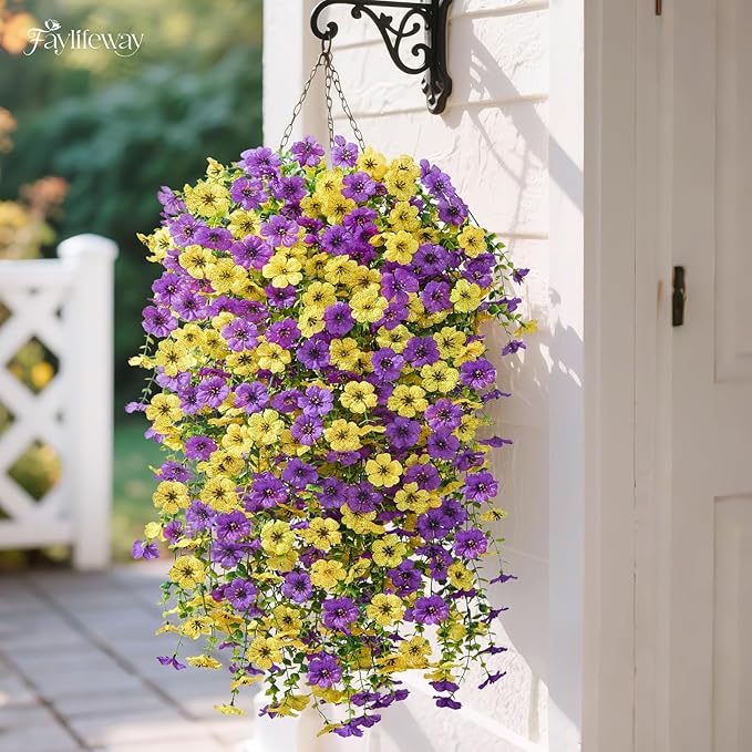 Artificial Hanging Flowers for Outdoors Spring Summer Decoration, 8PCS UV Resistant Silk Fake Hanging Plants for Patio Porch Front Yard Window Garden Indoor Decor(Purple&Yellow,8PCS)