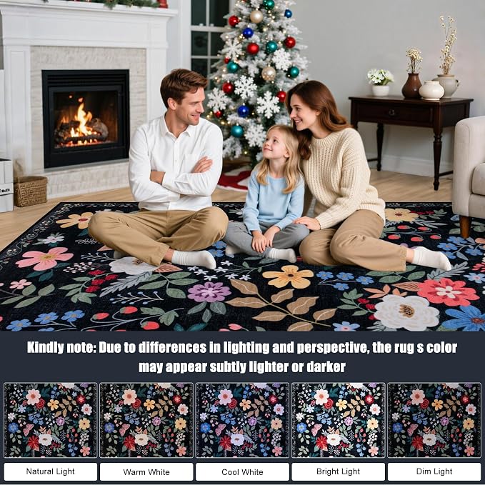 Round Area Rug for Living Room: 4 ft Floral Washable Circle Rug Soft Boho Non-Slip Carpet Indoor Stain Resistant Low Pile Small Circular Rug for Bedroom Entryway Kitchen Nursery Home Office Black