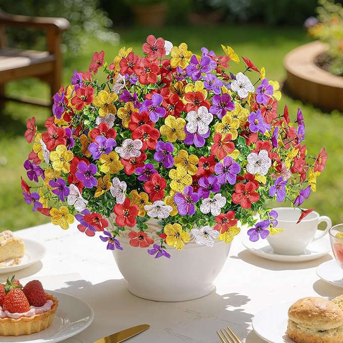 Alupssuc 20 Bundles Artificial Flowers for Outdoor Indoor Decoration, UV Resistant No Fade Fake Plants Eucalyptus, Colorful Faux Spring Flowers for Outside Yard Porch Patio Garden Home Window Box