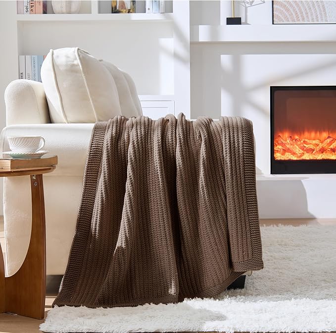 Chunky Knit Brown Throw Blanket for Couch Soft Cozy Knitted Blanket for Sofa Bed,Breathable All-Season Cute Decorative Throw for Living Room,60"x80",Dark Brown