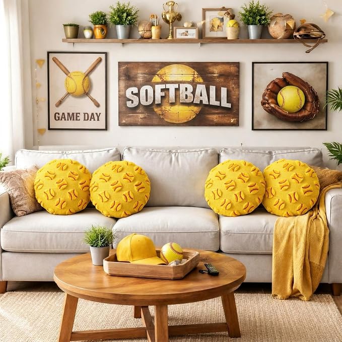 Gerrii 4 Pcs Sports Throw Pillows Basketball Softball Football Soccer Volleyball Tennis Pillow Fluffy Stuffed Plush Cushion Gift for Senior Night Home Bedroom Decor Birthday Present(Jacquard Softball)