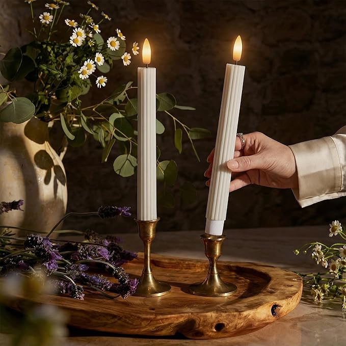 6 Pack, 10" LED Flameless Real Wax Cream Beige Fluted Ribbed Grooved Taper Candles, Remote & 24h Timer Memory, On/Off Button, Dimmable, Flicker Mode, Battery Operated, Wedding