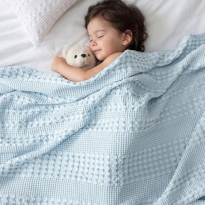 PHF 100% Cotton Waffle Blanket Queen Size for Bed, Lightweight Breathable and Soft for Summer, Luxury Aesthetic Waffle Weave Blanket for Home Decor & Gifts for Women, 90"x90", Sky Blue