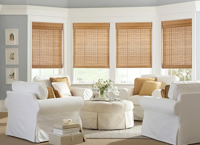 LazBlinds No Drill Bamboo Roman Shades, 47x64, Squirrel | Light Filtering Window Treatment, No Tools Cordless Roll Up Bamboo Blinds for Window