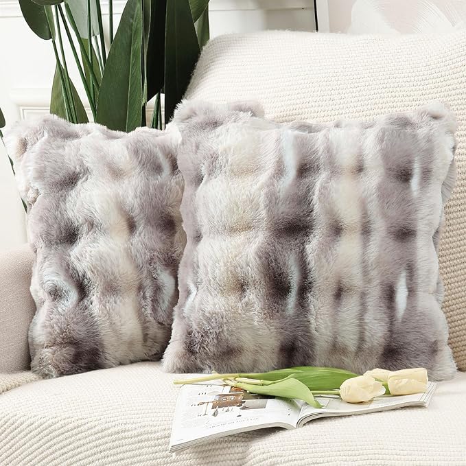 MADIZZ Pack of 2 Thick Plush Faux Wool Throw Pillow Covers Soft Boho Throw Pillows Luxurious Cushion Covers for Couch Sofa Bedroom Living Room Home Decor Euro Sham 24x24 Inch Grey Taupe