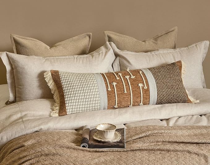 Burnt Orange Boho Lumbar Pillow Cover 14x36 Inches | Modern Farmhouse Long Lumbar Decorative Pillows Cushion Case with Handmade Drawn Work Tassel for Bed Couch
