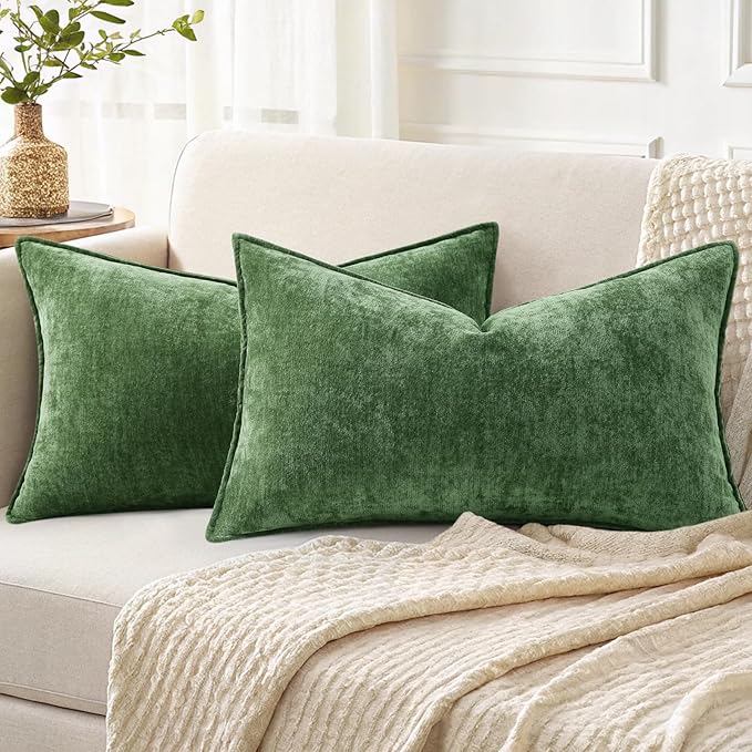 decorUhome Summer Couch Throw Pillow Covers 12x20 Set of 2, Decorative Soft Velvet Modern Cozy Chenille Lumbar Pillow Cases with Elegant Design for Sofa Bed Living Room Home Decor, Moss Green