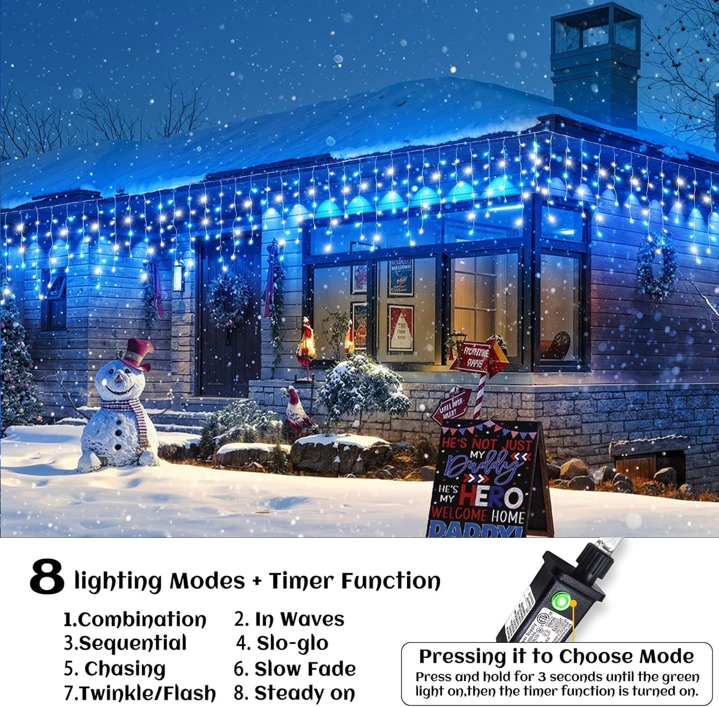66ft Icicle Lights for Outside, Blue and White Christmas Lights Outdoor Indoor, 640 LED Twinkle String Light with 120 Drops Short Curtain Lights for Thanksgiving Room Home Wall Bedroom Window Decor