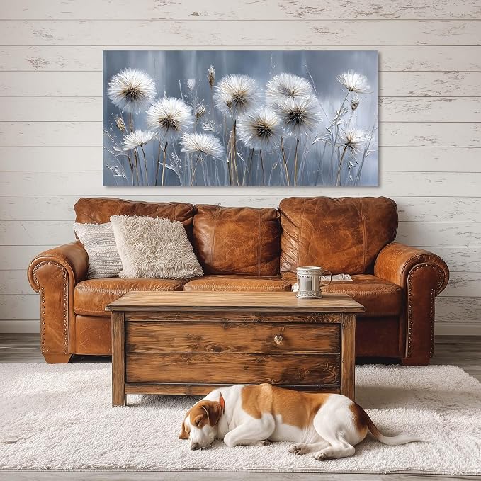 Ggaafet White Dandelion Wall Art for Living Room Canvas Oil Painting Prints Beautiful Dream Flower Floral Blooming Art Deco Modern Artwork Office Bedroom Family Dining Room Decor Large