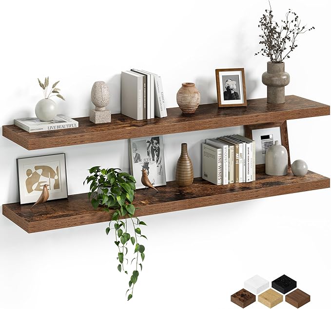 Fun Memories Floating Shelves for Wall, 48 Inch Long Set of 2 Rustic Wood Wall Shelves with Invisible Brackets, Heavy Duty Storage Display for Living Room Bedroom Kitchen, Brown