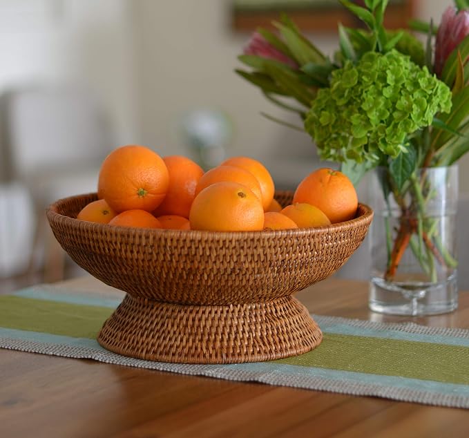 KOUBOO La Jolla Rattan Fruit Bowl, Woven Bowl for Kitchen Counter - Wicker Storage Basket | Decorative Serving Tray, Fruits, Home Décor, Honey-Brown, Large