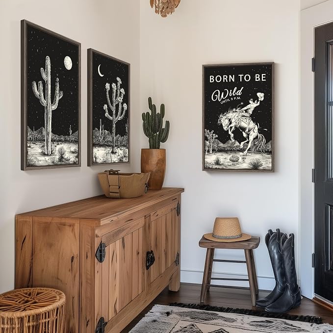 Framed Large Western Wall Art for Living Room, Cowboy Desert Cactus Canvas Artwork Prints, Black and White Boho Southwest Decor, Starry Night Pictures for Bedroom, Home Office Total Size 30x60 Inch