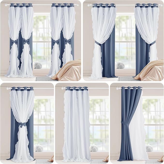 PONY DANCE Double Layer Curtains with Ruffle Sheer Overlay for Whimsical Forest Teen,Shabby Chic Room Darkening Drapes with Tiebacks, 52" Wide x 84" Long, Blue Haze, 2 Panels