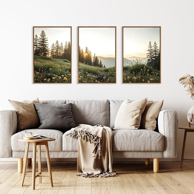 FWIEXA Mountain Canvas Wall Art Set, Framed Forest Nature Wall Decor, 3 Piece Landscape Paintings Artwork, 16x24 Inches Wildflower Pictures for Living Room, Bedroom, Office