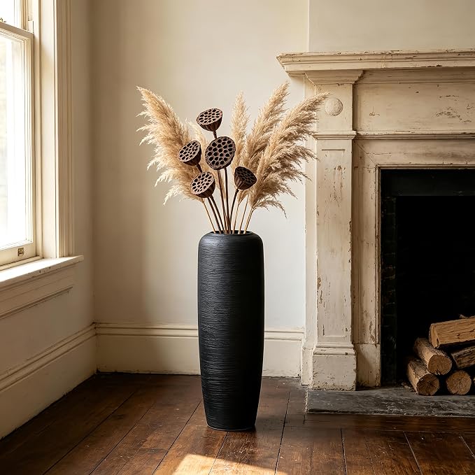 Black Rustic Ceramic Farmhouse Tall Floor Vase,23.6 Inch Vintage Large Vases Pottery Clay Terracotta Rustic Vase for Home Decor Living Room Entryway Table Centerpieces,Kitchen,Housewarming Gifts