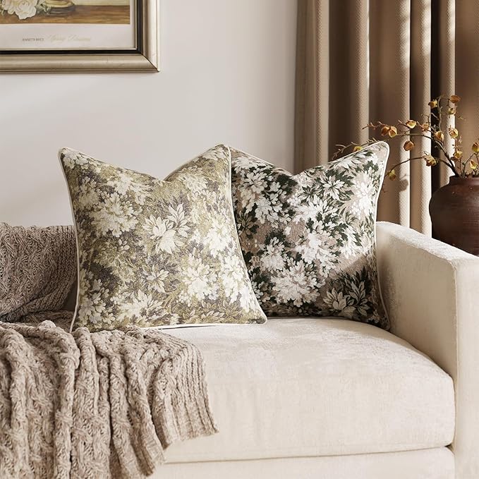 DEZENE Pack of 2 Vintage Floral Throw Pillow Covers 18x18 Boho Farmhouse Accents Chenille Square Decorative Pillow Cases for Living Room Couch Bed Home Decor, Beige