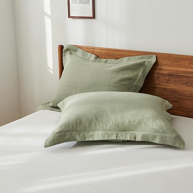 100% French Linen Pillow Shams Basic Style - Pack of 2 - Washed Solid Color Natural Flax Soft Breathable - Sage Green, 20'' x 26''