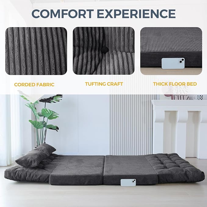 MAXYOYO Folding Sofa Bed, Tufted Bean Bag Bed with Pillows Floor Couch for Adults, Extra Thick and Long Floor Sofa, Full Couch for Bedroom Living Room, Dark Grey, 54x91 Inch