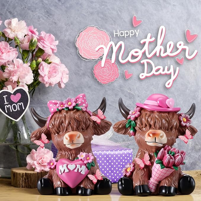 Karenhi 2 Pcs Mother's Day Highland Cow Figurines, Flowers and MOM Heart Resin Cow Gnomes Scottish Resin Statue Calf Lovers Gifts for Home Garden Kitchen Office Tiered Tray Table Decor